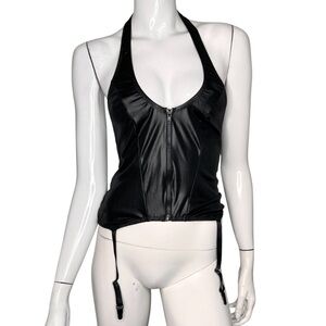 Kitten by‎ Allure Black Faux Leather Corset Garter Fettish Halter Top